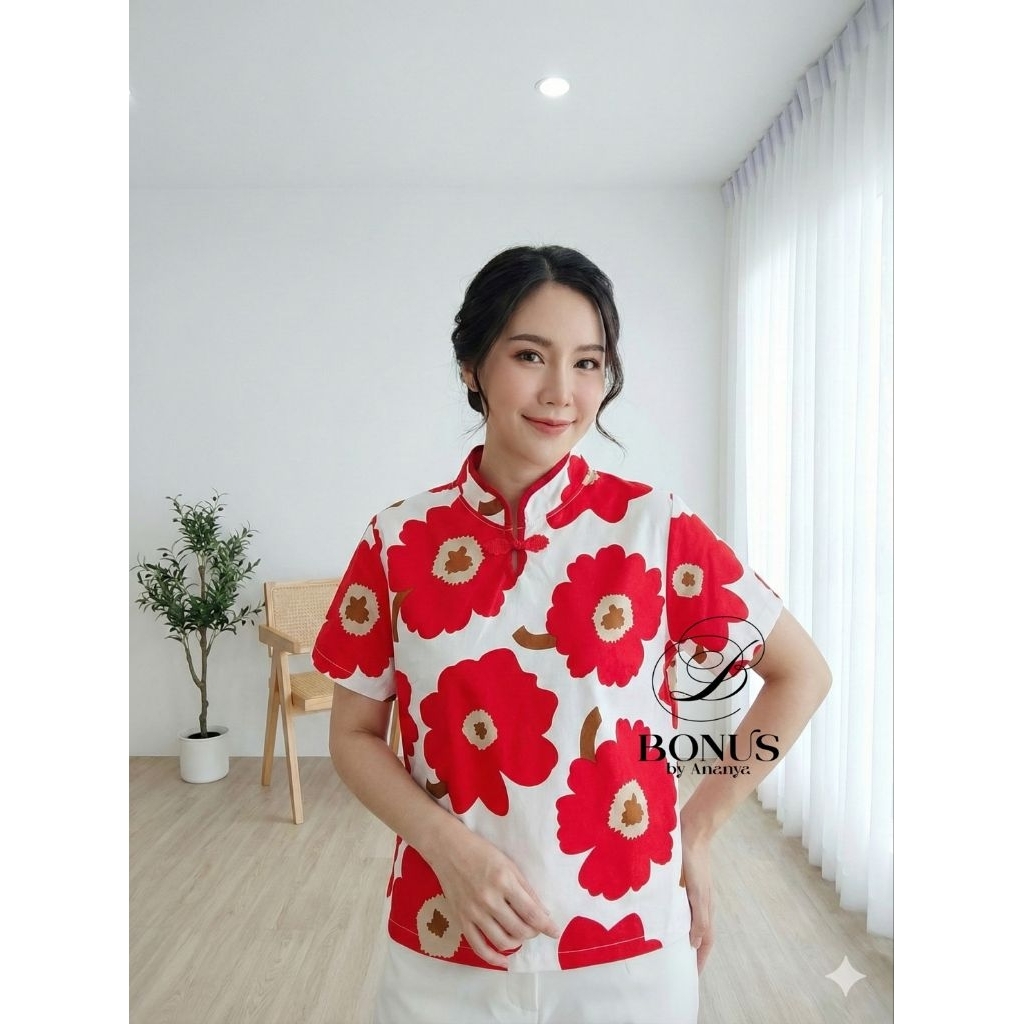 📌เสื้อคอจีนผ้าคอตตอลญี่ปุ่น กุ๊นปกเสื้อ ติดกะดุมจีน เนื้อผ้าใส่สบาย เสื้อ อก46