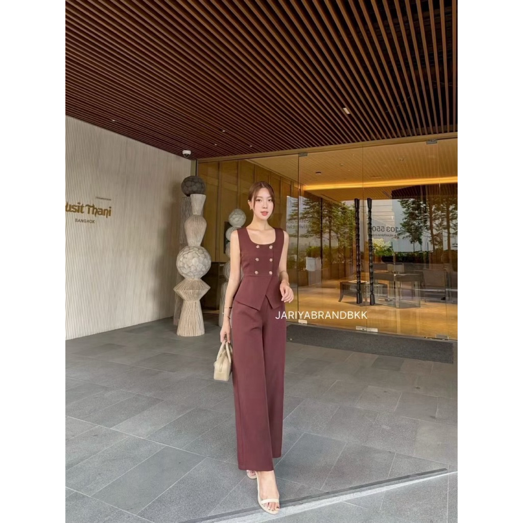 (M)งานเซต เสื้อกระดุมทองลายกุหลาบ+กางเกง size M ป้าย jariya