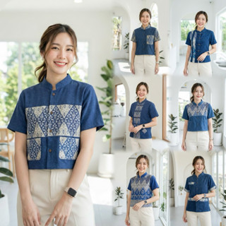 เสื้อพื้นเมืองผู้หญิงคอจีน ผ้าหม้อฮ่อมสโตน แต่งผ้าลายไทย