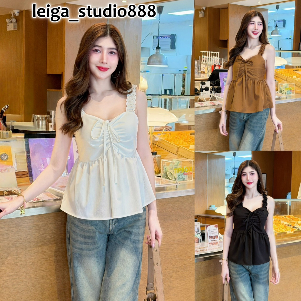 เสื้อสายเดี่ยวแฟชั่น ผ้าครัช อกแต่งจีบผูกโบว์อก สม็อคหลัง ชายระบาย LG097