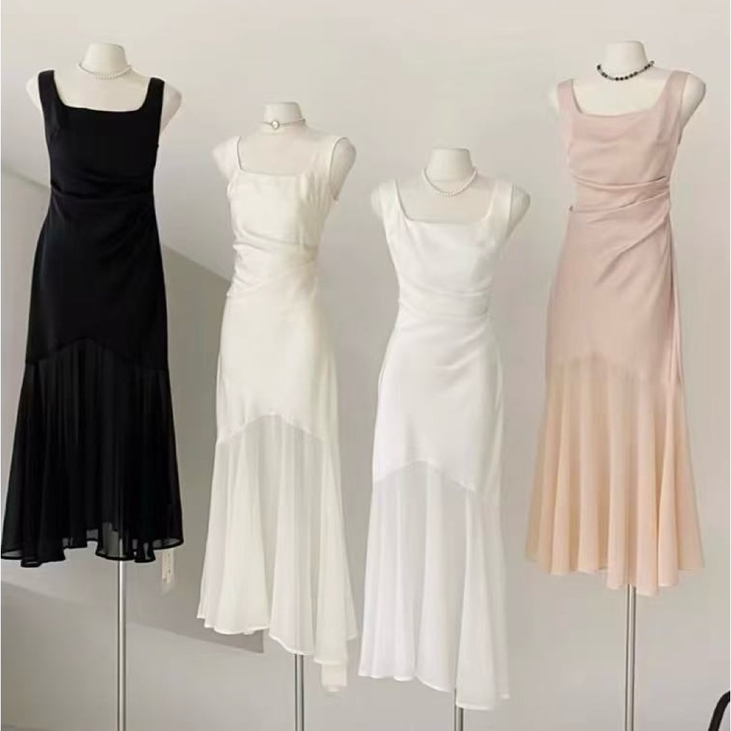 Dressgril.9 เดรสคอเหลี่ยมยาว ทรงหางปลาย สวย หรู