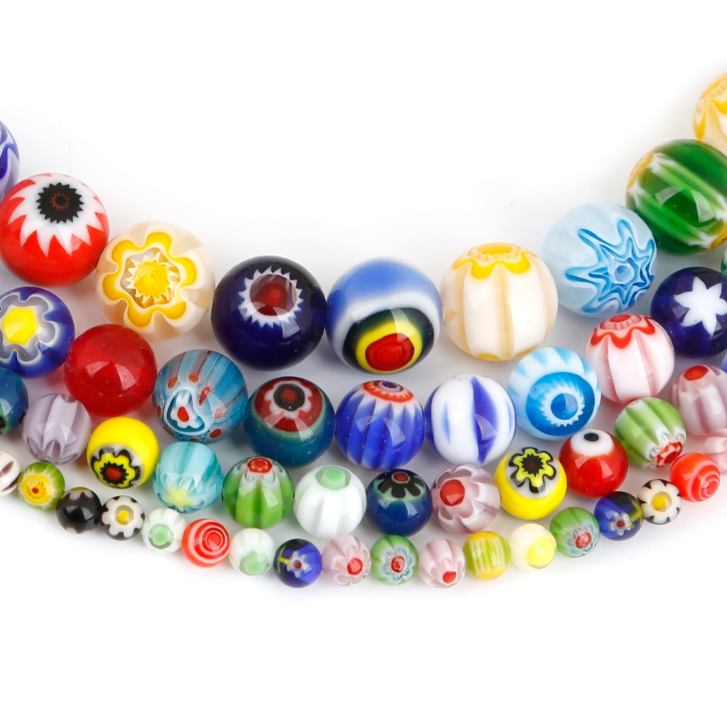 ลูกปัดแก้วลายดอกไม้อิตาลี (Millefiori) ทรงกลม 4-10mm สำหรับ DIY งานเครื่องประดับทำสร้อยคอและสร้อยข้อมือ