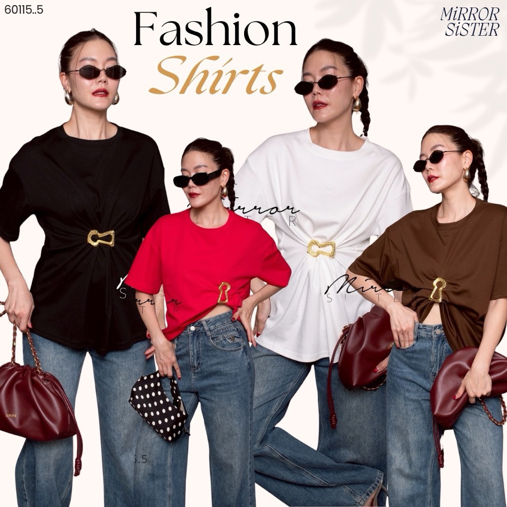 MirrorsisteR 60115.5  เสื้อยืดทรงโอเวอร์ไซส์ พร้อมเข็มกลัดอะไหล่ทองทรงกุญแจ