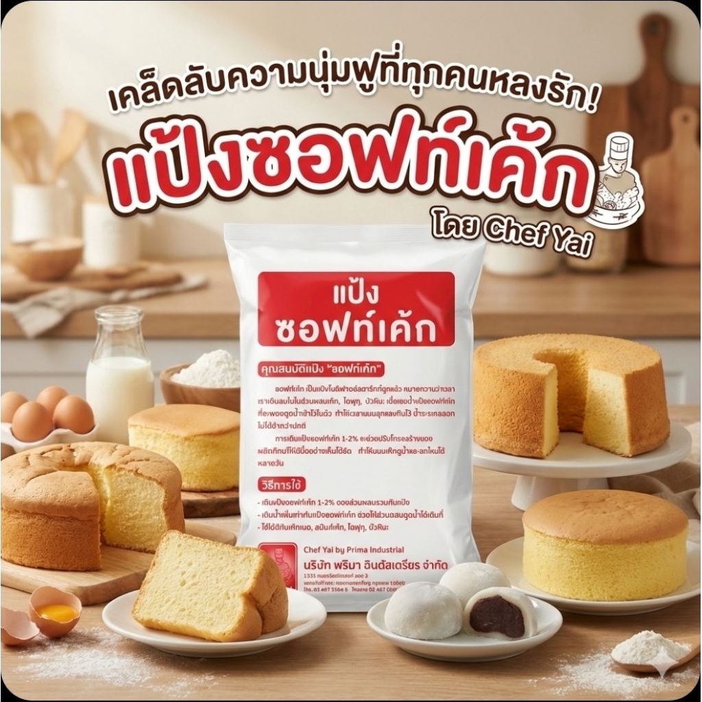 🍡Prima เชฟใหญ่ แป้งซอฟท์เค้ก ขนาด 1 กิโลกรัม.🍡
