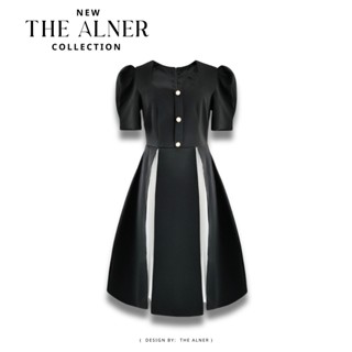 Thealner-AN985 (เดรสดำคอเหลี่ยมแขนเจ้าหญิงแถบขาว)