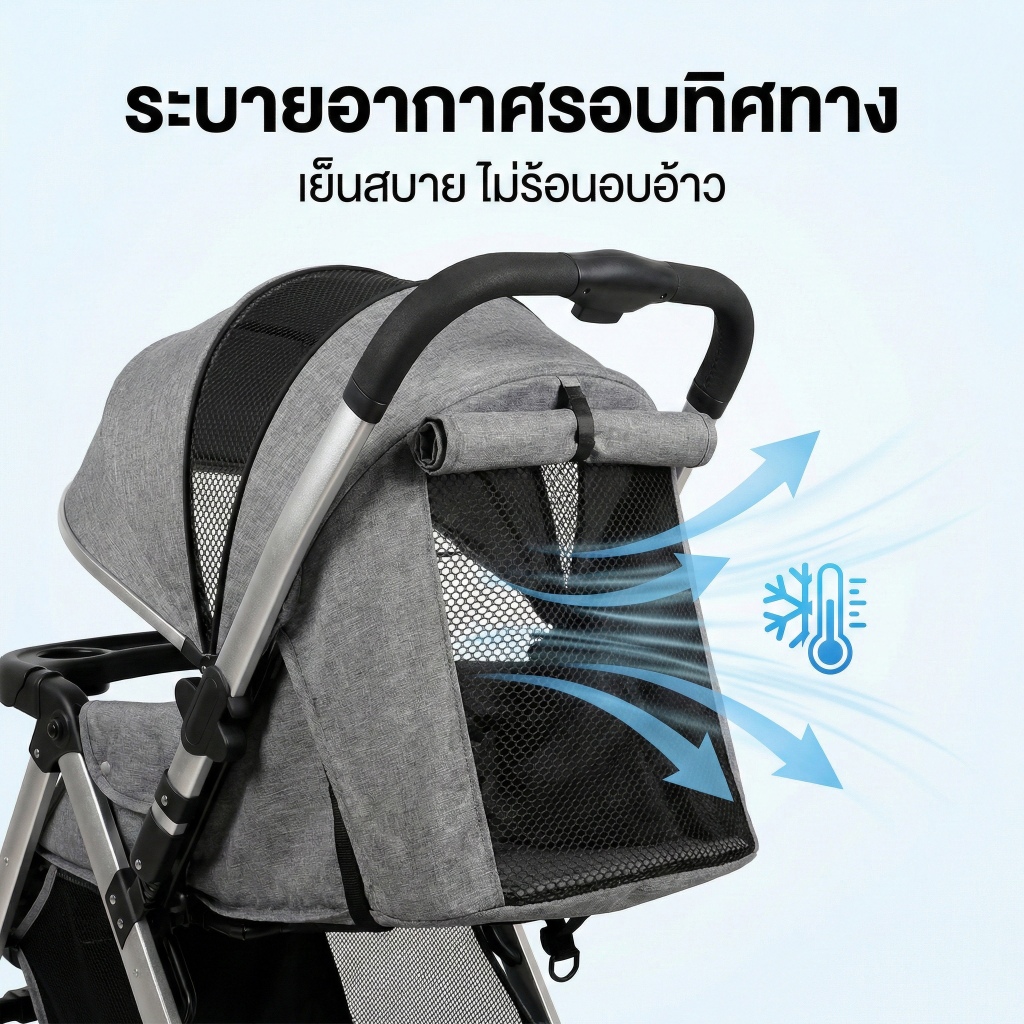Beige รถเข็นเด็ก รถเข็น 4 ล้อ ปรับ stroller baby 3ระดับ (นั่ง/เอน/นอน) สายรัดแบบ 5 จุด มีเบรค 0-5 ปี - รูปที่ 4