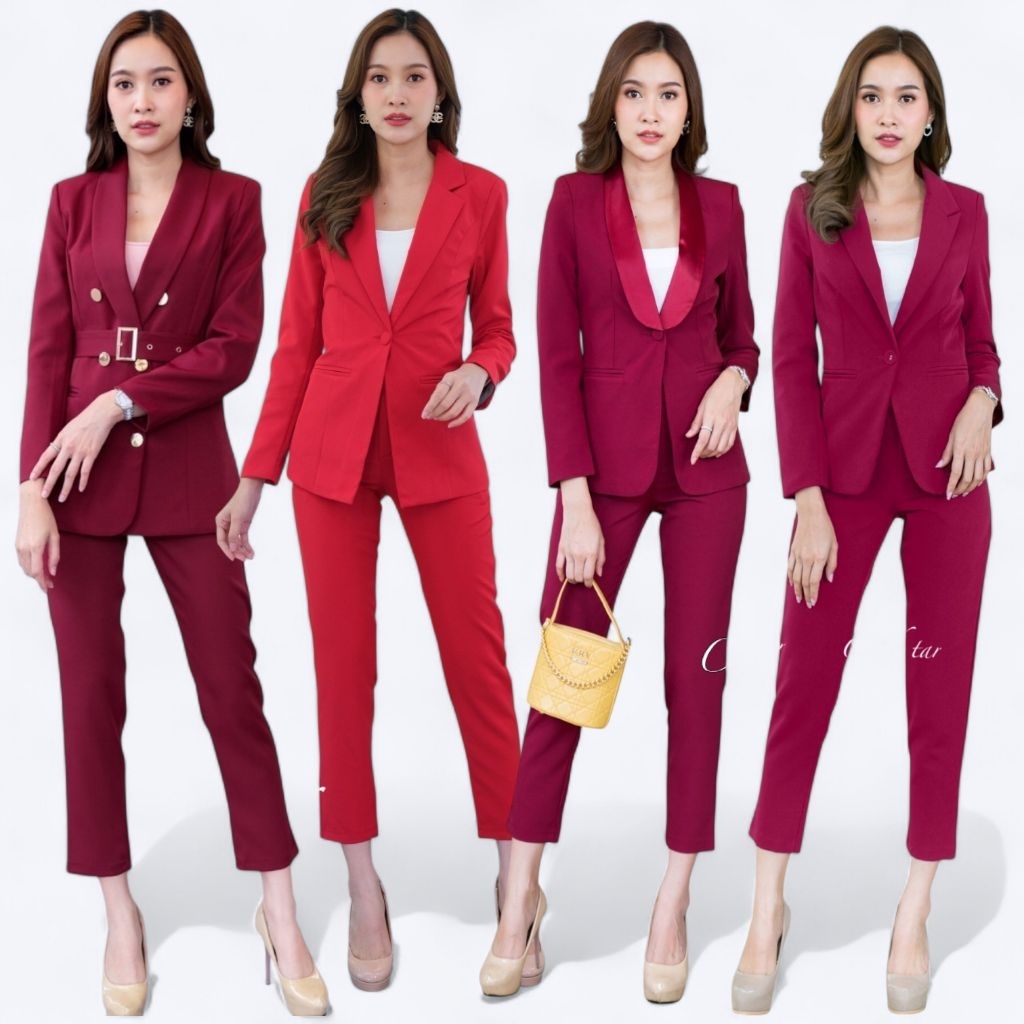 [พร้อมส่ง👗] Celebtar: ชุดสูทผู้หญิง โทนสีแดง ใส่ทำงาน ใส่ออกงาน ผ้าใส่สบาย (เฉพาะเสื้อแยกขาย)