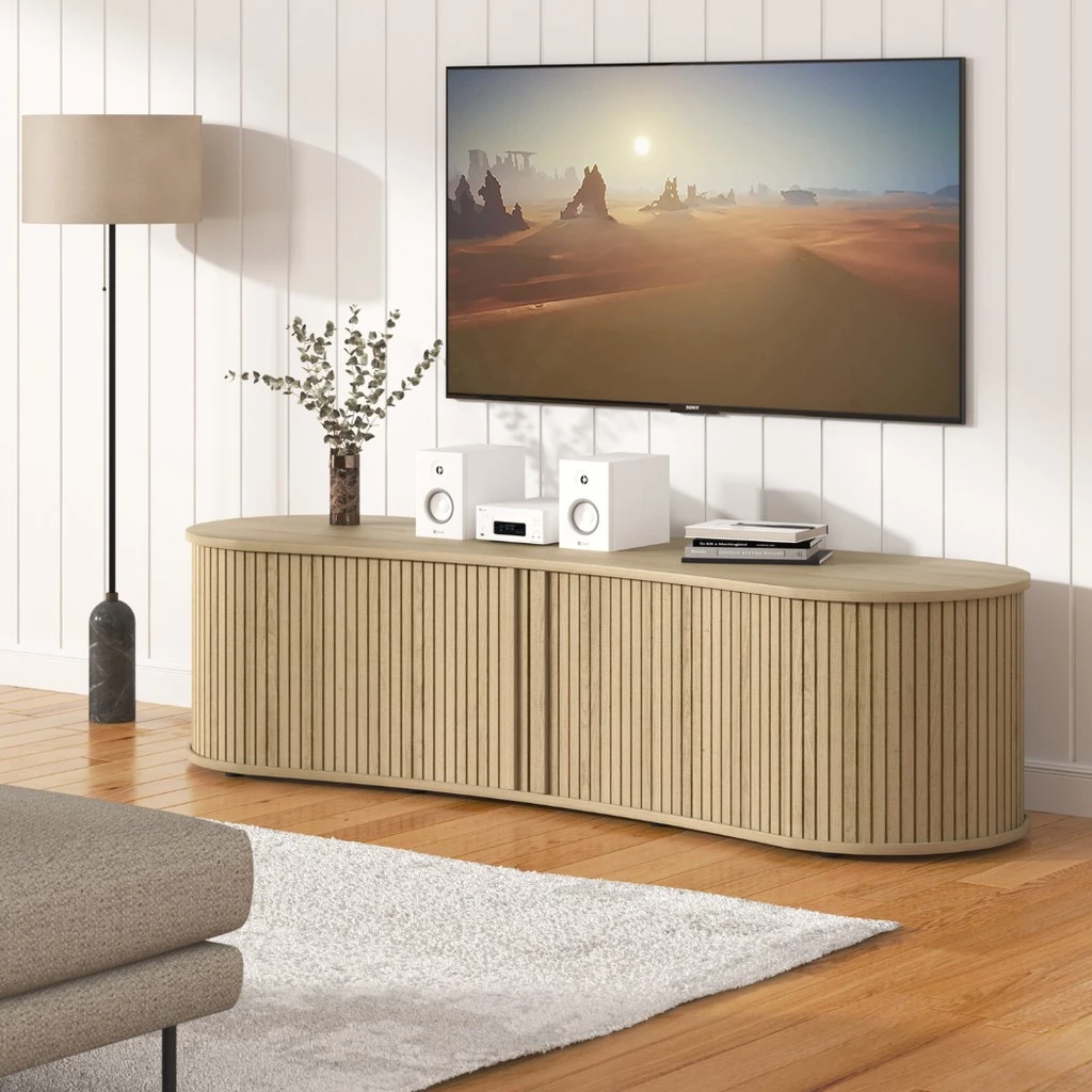 Tomato Home ชั้นทีวี Flutoria oval TV cabinet กว้าง W150ซม| วางทีวีใหญ่สุด65นิ้ว ชั้นทีวีโค้ง สวยงาม