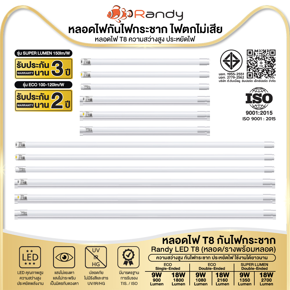 Randy หลอดไฟ T8 LED มอก.แท้ Double End&Single End 9W 18W สว่างจริง ประหยัดไฟ สำหรับบ้านและงานโครงการ