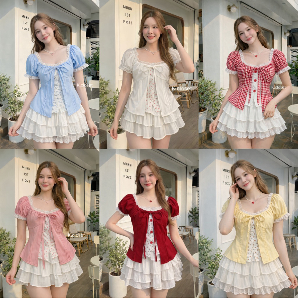 (อก28-40)เสื้อแขนตุ๊กตา ผูกโบว์หน้าดีเทลแต่ง 2 ชั้น (งานชิ้นเดียว) Belle Layer Top สาวอวบใส่ได้อกถึง 40(เสื้ออย่างเดียว)