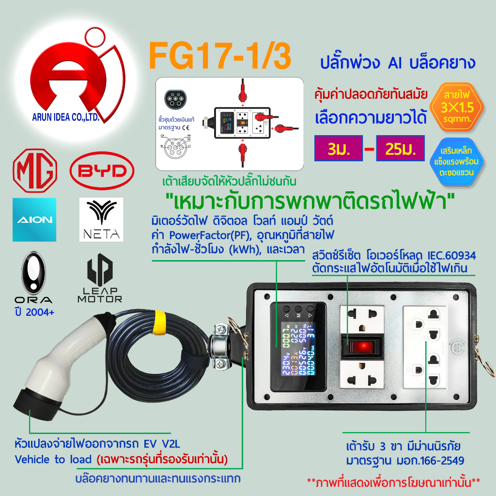 ปลั๊กไฟ รถไฟฟ้า V2L MG BYD AION NETA ORA LEAP MOTOR AVATR ตะขอ ห่วงเหล็ก สาย3x1.5 มอก 3ม. - 25ม. รุ่