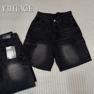 Vintage รุ่น 6025 กางเกงยีนส์ ขาสั้น สีดำ คาร์โก้ แต่งเฟดขา ทรงสวย ผ้าไม่ยืด กระเป๋าตรง 2 ใบ