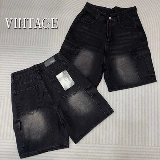 Vintage รุ่น 6025 กางเกงยีนส์ ขาสั้น สีดำ คาร์โก้ แต่งเฟดขา ทรงสวย ผ้าไม่ยืด กระเป๋าตรง 2 ใบ