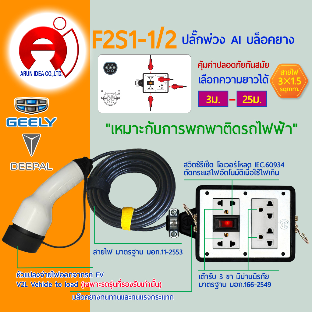 ปลั๊กพ่วง ปลั๊กไฟ รถไฟฟ้า V2L DEEPAL 05 07 GEELY ex2 ex5 ตั้งแค้มป์ สาย3x1.5 มอก 3ม. - 25ม. รุ่น F2S