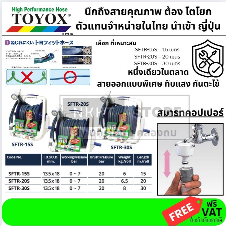 มีตัวเลือก 30 20 15 เมตร สายยาง TOYOX รุ่น TOYOFIT สายยางโรลตั้งพื้น “ไม่บิดพันกัน” พร้อมหัวฉีดและข้อต่อก๊อก SFTR