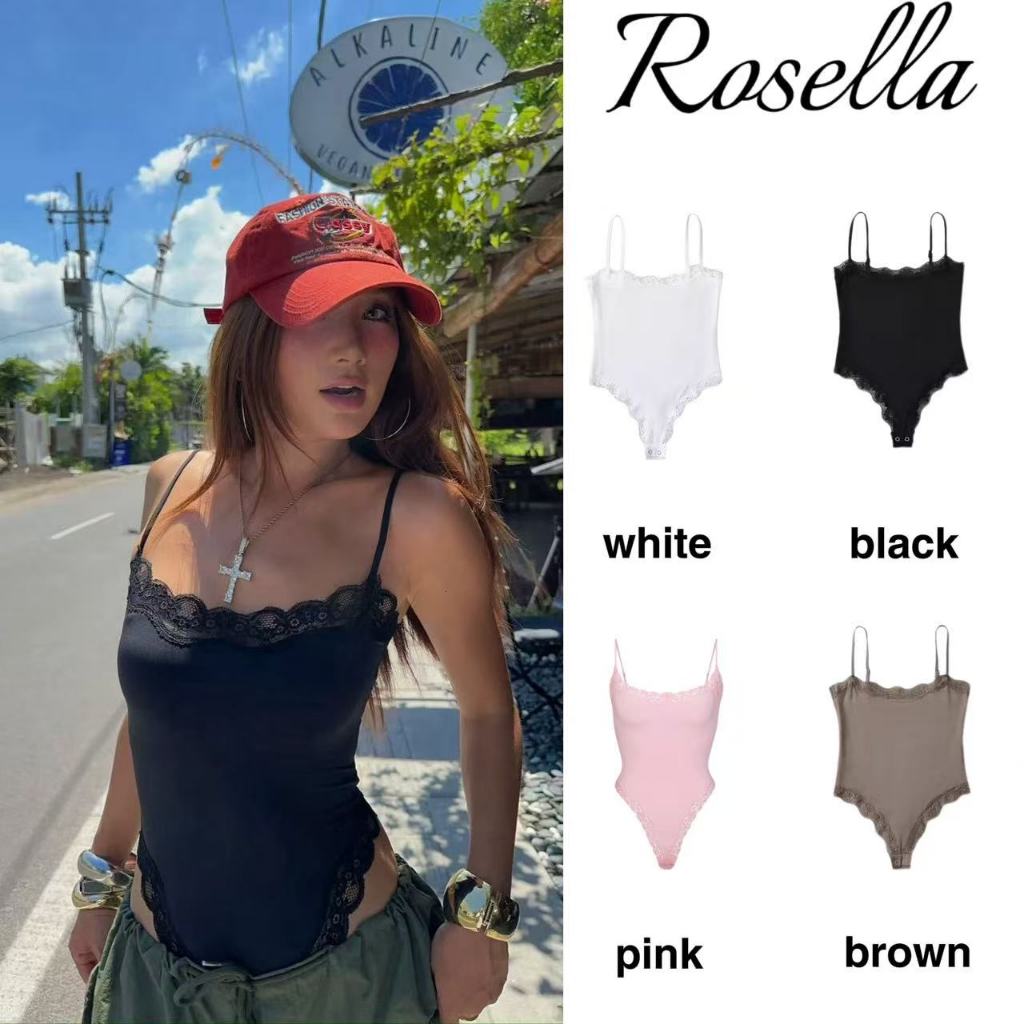 Rosella【สินค้าใหม่👗】บอดี้สูทตัวพอดีตัวบุคคลปะตัวสีพื้นโครเช่ ชุดบอดี้สูท ลูกไม้ สีพื้น