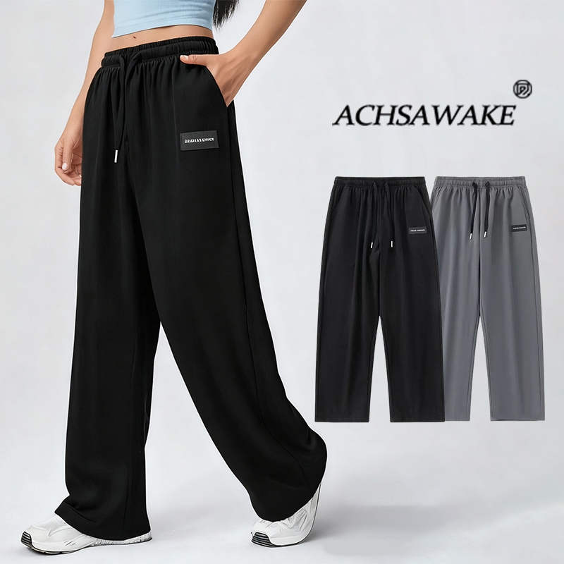 ACHSAWAKE กางเกงขายาวขากว้างสตรี เนื้อผ้ารีออน บาง นุ่ม ใส่สบาย ทรงหลวม สีดำ แฟชั่นฤดูร้อน ขนาด M-5XL