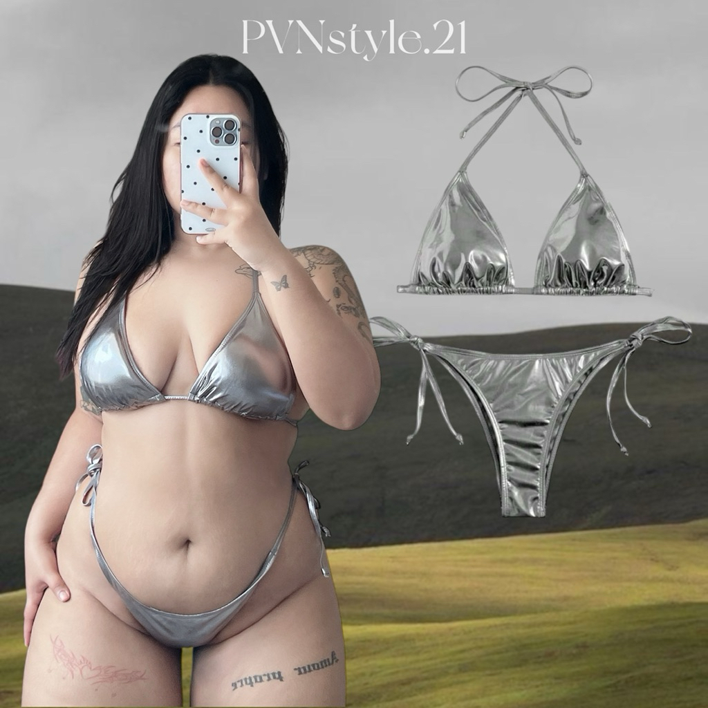 บีกีนี่เมทัลลิกสาวอวบ  y2k งานฟรีไซส์ เสื้อมีฟองน้ำไม่มีโครง อก 38-50