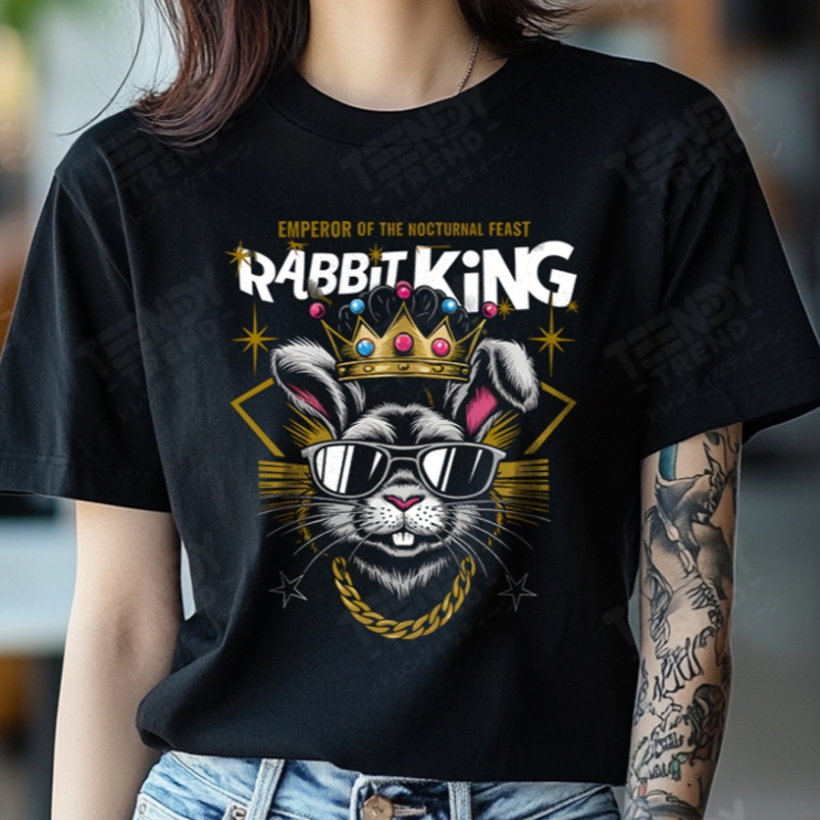 Teendy Trend เสื้อยืดผู้ชาย ผู้หญิง คอตตอน ลายrabbit สีดำ รุ่นTDX0316-BL