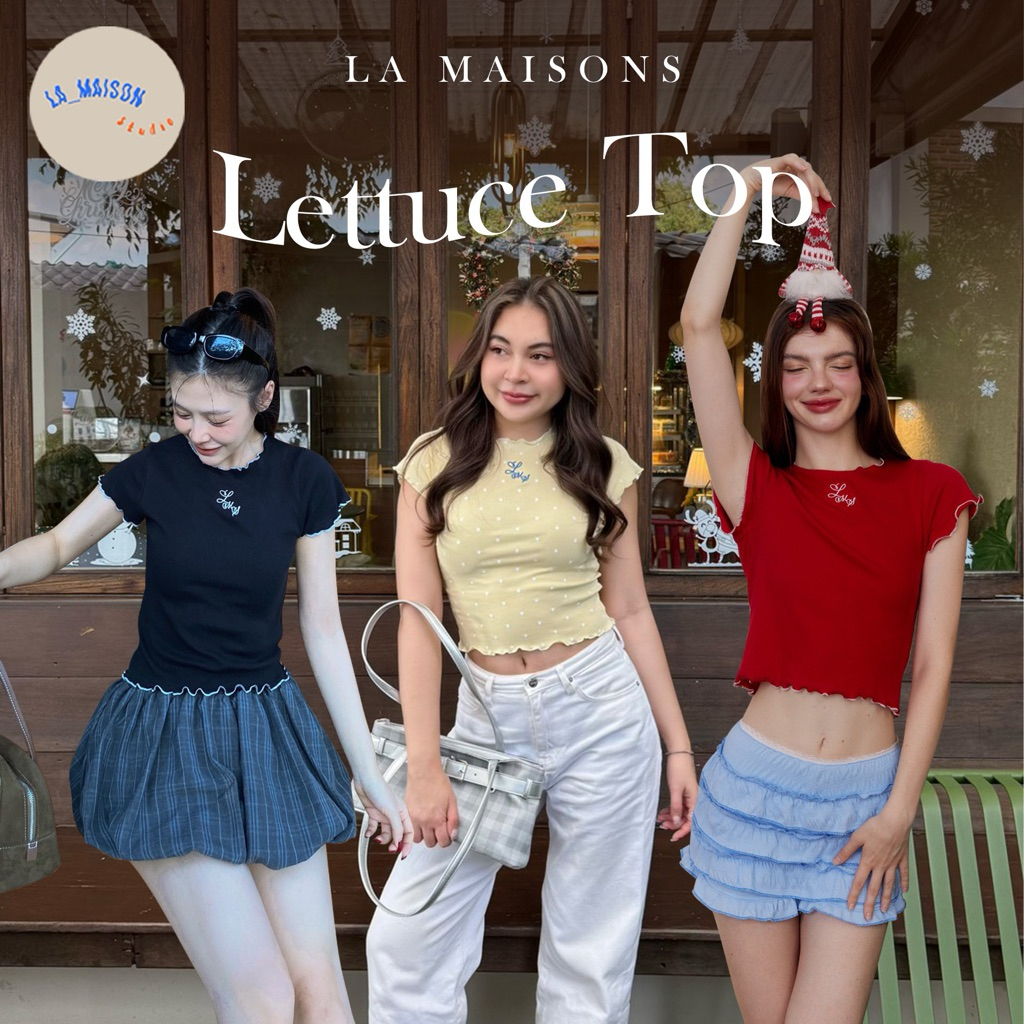 เสื้อยืดแขนสั้น เสื้อครอป ขอบหยัก Lettuce Top