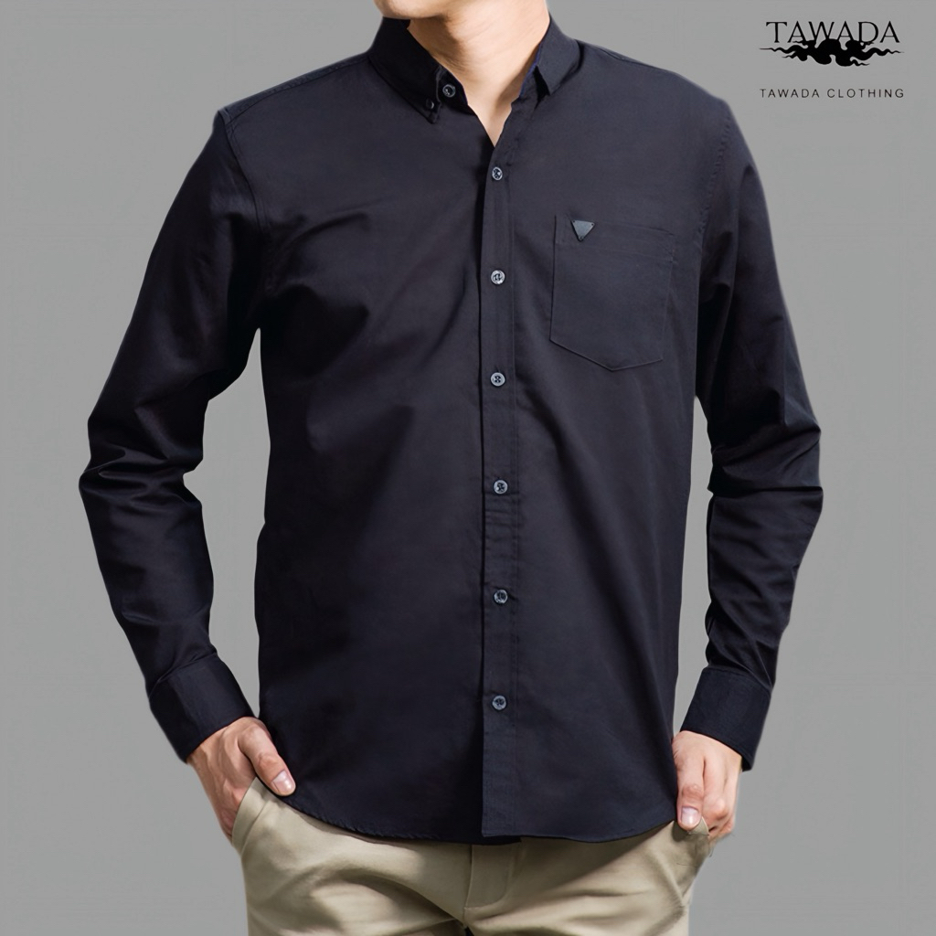 เสื้อเชิ้ตสีดำคอปกแขนยาวทรง Slimfit ผ้า Oxford Cotton100% แบรนด์ TAWADA รุ่น T012-BLACK