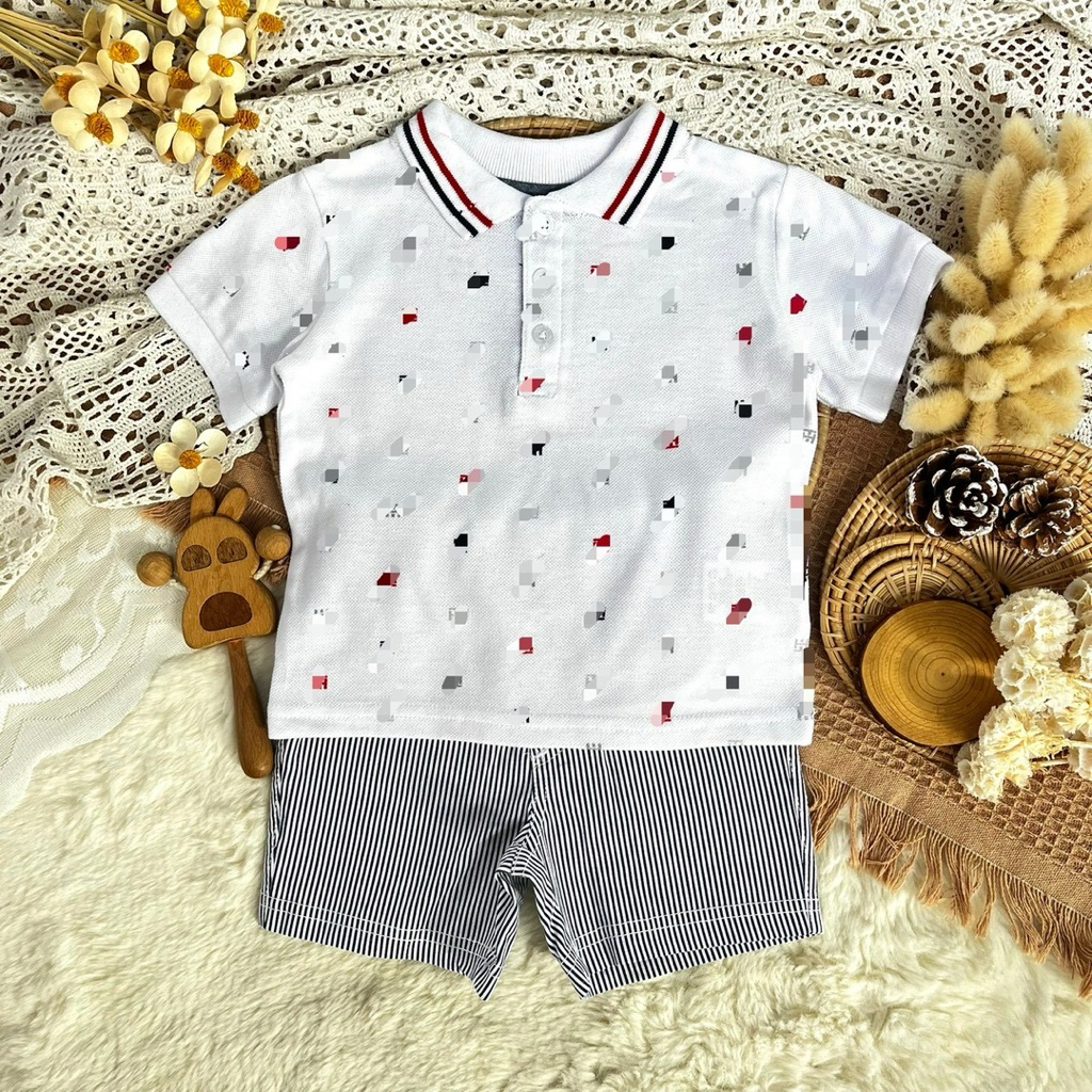 เสื้อผ้าเด็ก ชุดเด็กออกงาน เสื้อคอปกสีขาว/ลายพ้อยโลโก้แบรนด์+กางเกง*S85