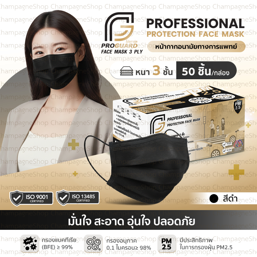 หน้ากากอนามัย ป้องกันฝุ่น PM2.5 ชนิด 3 ชั้น สีดำ PROGUARD