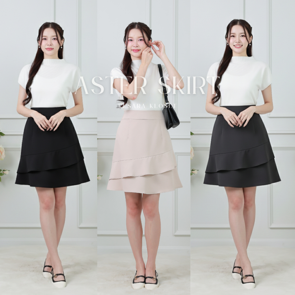 กระโปรงทำงานเอวสูง ทรงระบาย 2 ชั้น ยาว19' Aster Skirt