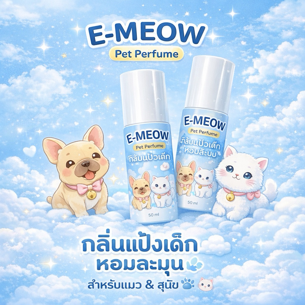 น้ำหอมสัตว์เลี้ยง E-Meow กลิ่นแป้งเด็ก  กลิ่นอ่อนโยน หอมมาก ติดทนนาน ใช้ได้ทั้งแมวและสุนัข