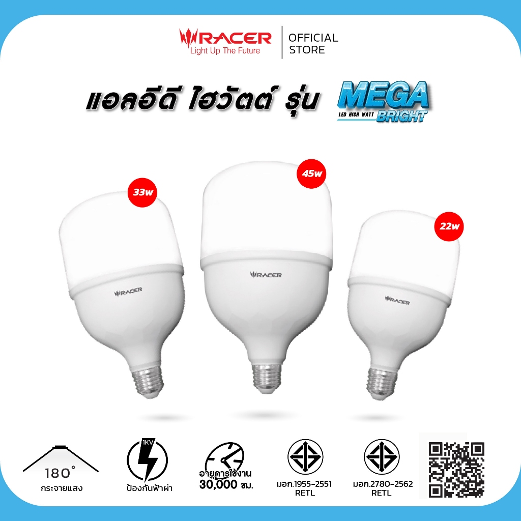 Racer LED HIGH WATT MEGA BRIGHT 6500K E27 หลอดไฟตลาด หลอดประหยัดไฟ