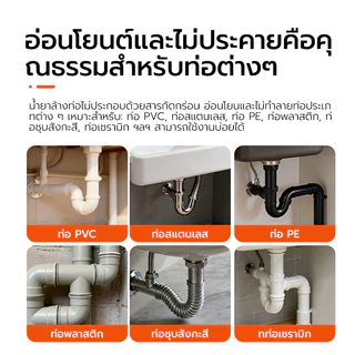 การอุดตัน50ปี ใช้ใช้น้ำยาล้างท่อตัน 1000mL ท่อตัน ไม่จำเป็นใช้เครื่องมือ ผงสลายท่อตัน ละลายอาหาร ผม น้ำมัน กระดาษ ฯลฯอย่
