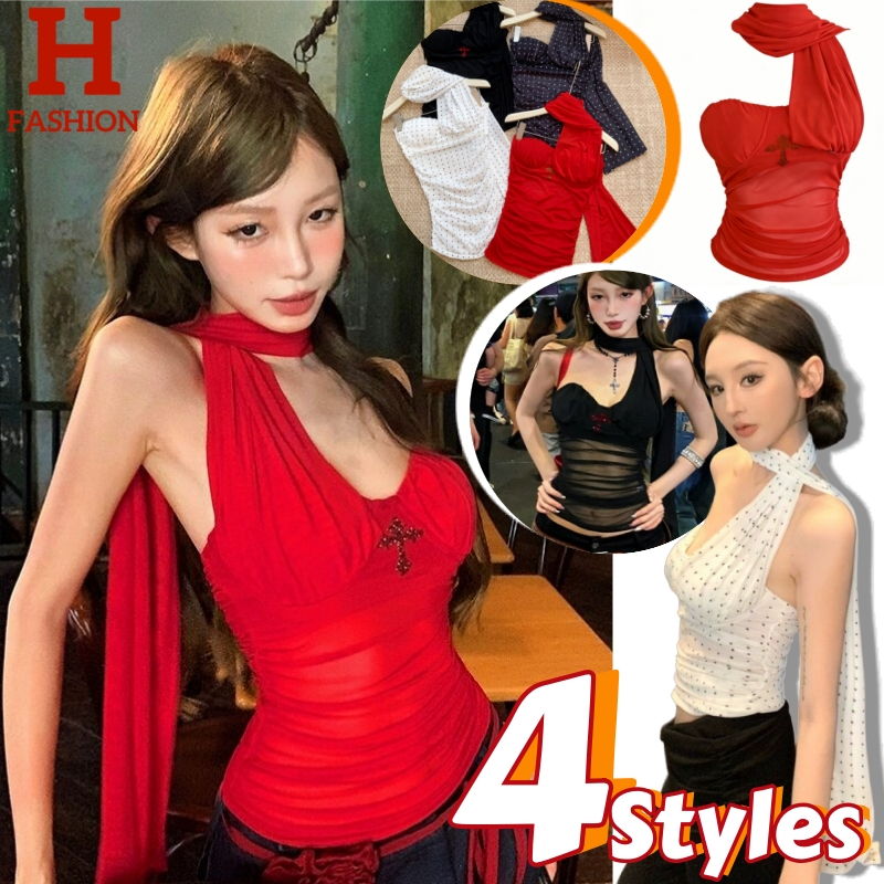 สายแซ่บต้องมี❤️‍🔥HOT เสื้อเกาะอกผ้าซีทรู ดีไซน์ทันสมัย สายคล้องคอเพิ่มความโดดเด่น-FY953