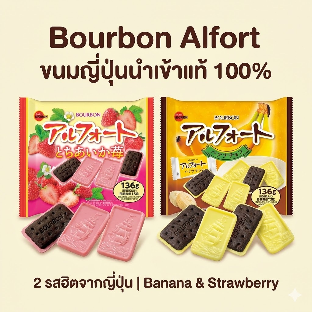 Bourbon Alfort บิสกิตช็อกโกแลตญี่ปุ่น 136g | Banana Chocolate & Tochiotome Strawberry Mini Cookies น