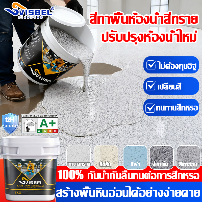 【ถังขนาดใหญ่ 12-in-1】สีทาพื้นปูนทรายสีสัน สีทาพื้นปูน กันน้ํา/ดันลื่น/ทนการสึกหรอ สีทาพื้น สีอีพ็อกซ