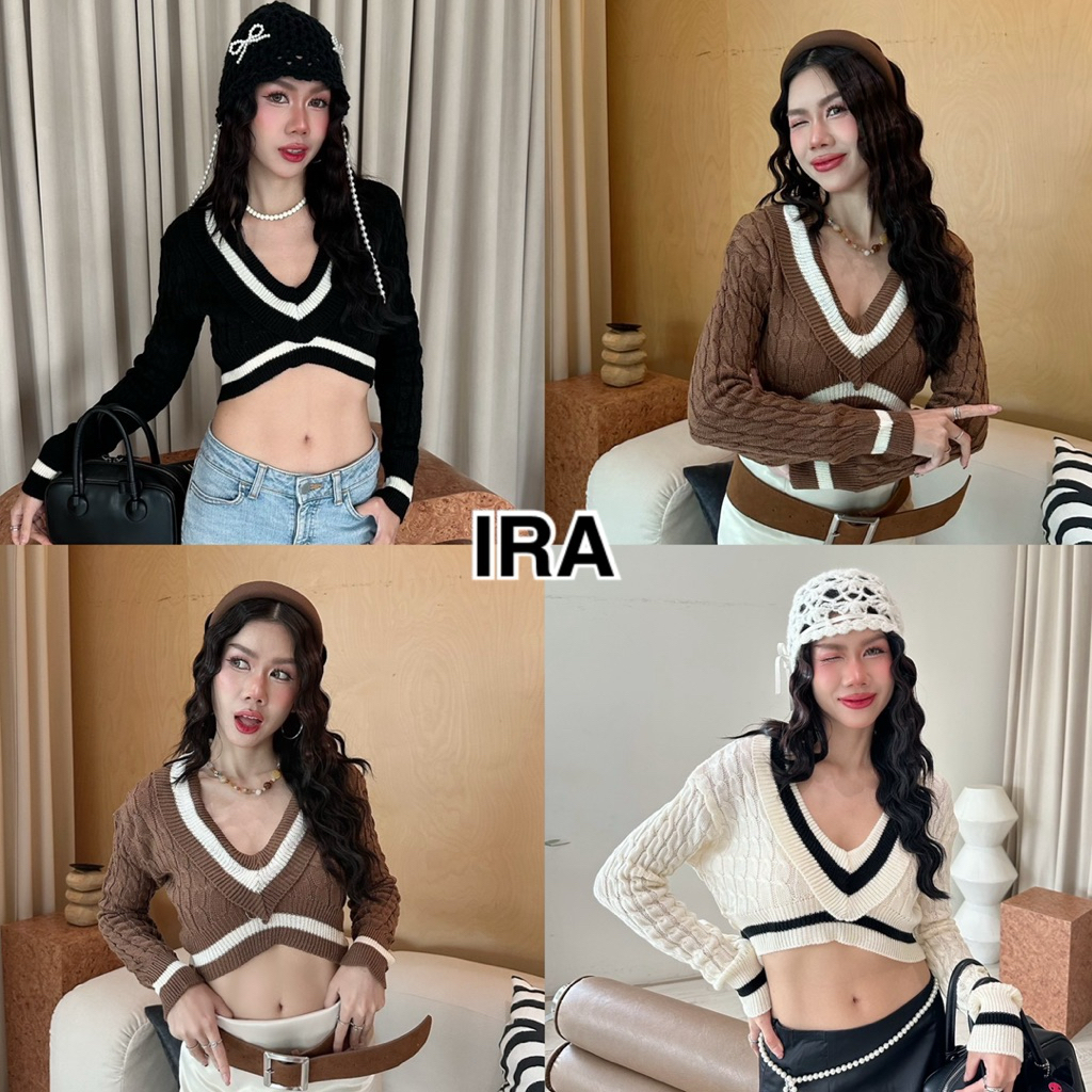 BY IRa ครอปท็อปไหมพรมแขนยาวทรงคอวีสวยไม่ไหวววว อินเทรนสุด