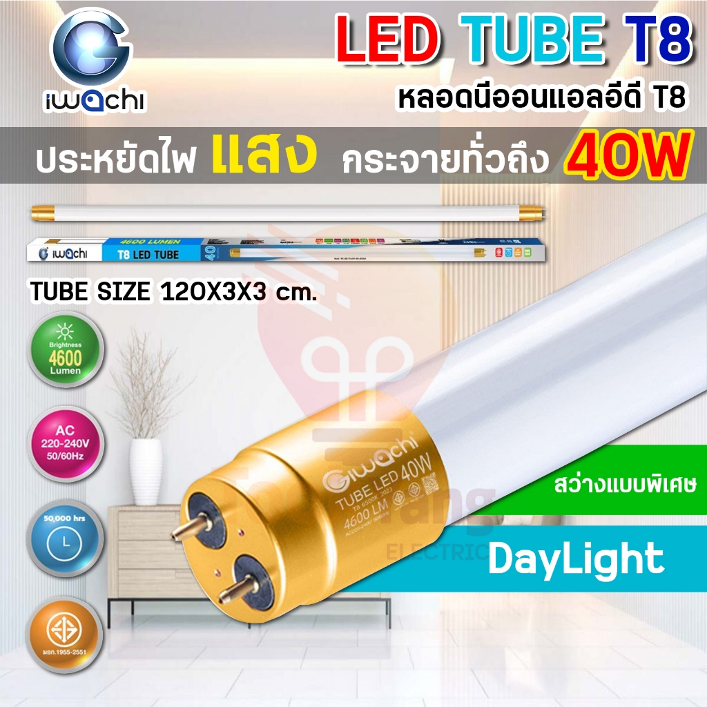 IWACHI หลอดนีออน หลอดไฟนีออนพร้อมรางขาสปริง LED T8 40W ขั้วสีทอง หลอดไฟ led แบบยาว ชุดหลอดไฟ LED 40 วัตต์ แสงสีขาว