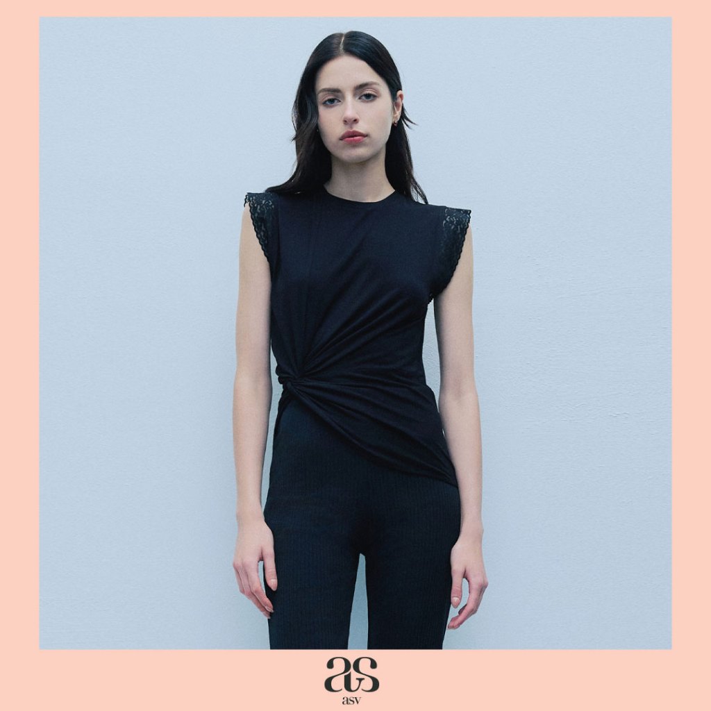 [asv rs26] Shelby Draped T-Shirt เสื้อผู้หญิง แขนกุด คอกลม จับเดรปข้างเอว แต่งลูกไม้ที่แขน