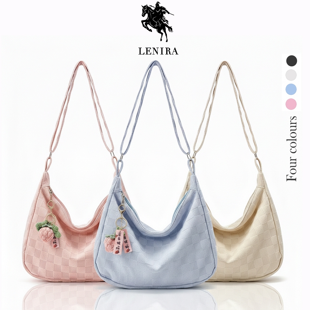 ส่งด่วน Lenira (B1843) กระเป๋าสะพายข้างผ้าฝ้ายสีพื้นลาย-เส้นตาราง สไตล์เกาหลี(ไม่มีที่ห้อยแถม)