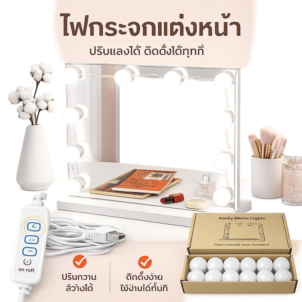 กระจก แต่งหน้า Hollywood makeup mirror มีไฟ LED ปลั๊ก USB ปุ่มหน้าจอสัมผัส 3 ไฟ