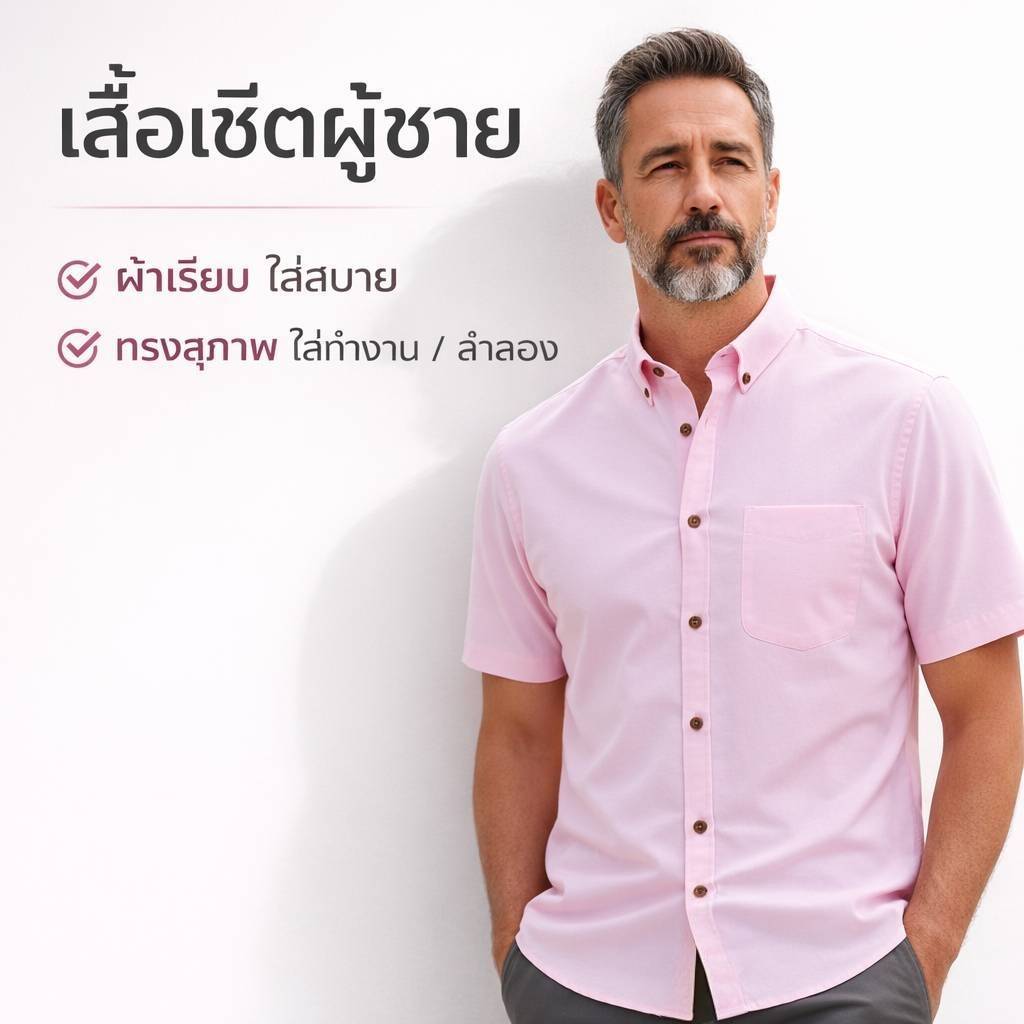เสื้อเชิ้ต ผู้ชายแขนสั้น สีชมพูอ่อน ผ้าอ๊อกฟอร์ด