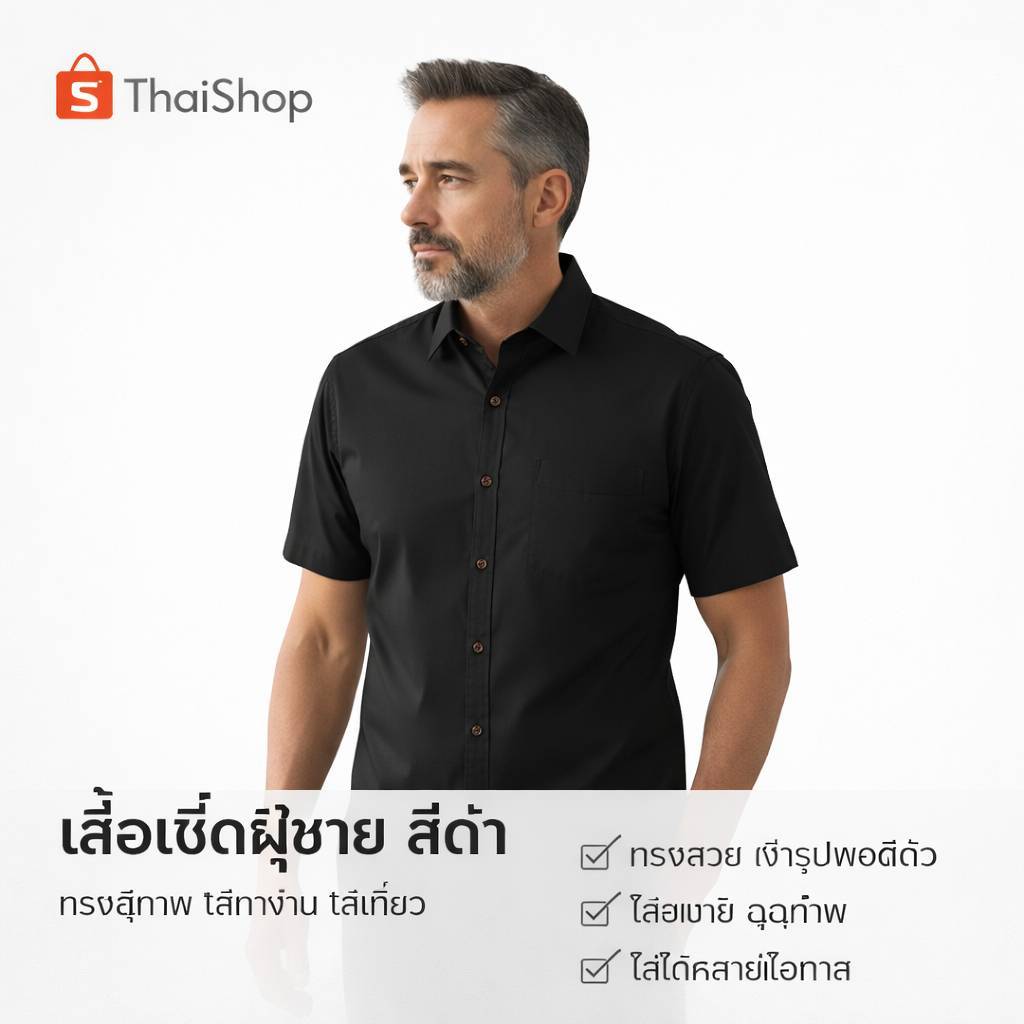 เสื้อเชิ้ตคอปก ผู้ชายแขนสั้น สีดำ ผ้าอ๊อกซฟอร์ด