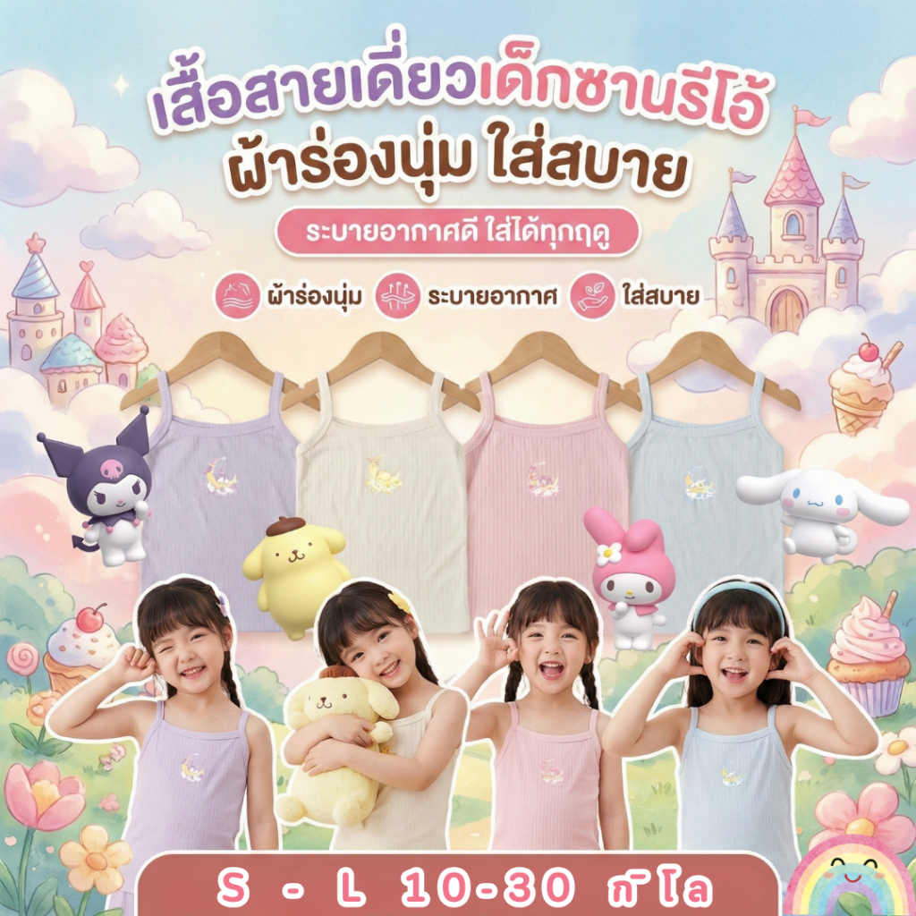 [NEW] ✨ เสื้อสายเดี่ยว สำหรับเด็ก  ผ้าร่องนุ่ม ลายซานรีโอ้ ระบายอากาศดี ใส่สบาย ใส่ได้ทุกฤดู 10-30 กิโลกรัม 🧵💖