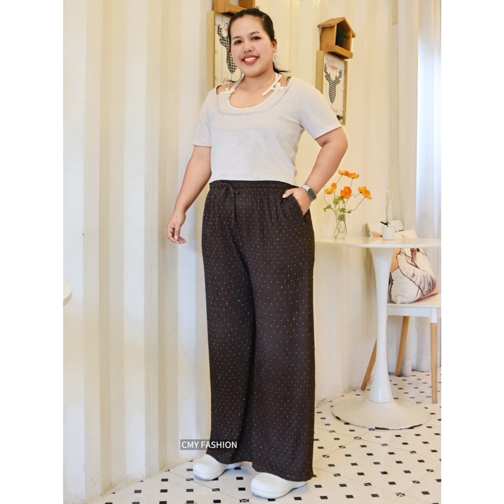 กางเกงขายาว ไซส์ใหญ่ ทรงขากระบอกใหญ่ เอวยางยืด ดีเทลติดเพชร ผ้าย่นลายเปลือกไม้ เนื้อผ้ายืดหยุ่น ใส่แล้วพรางหุ่น pb9887# - รูปที่ 6