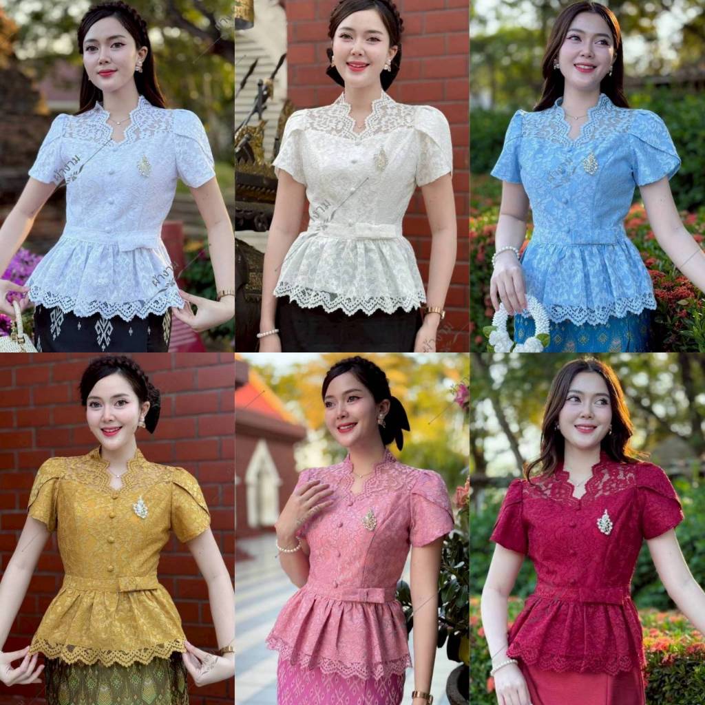 KK - (เฉพาะเสื้อ) เสื้อไหมลูกไม้สีขาว ขาวงา ฟ้ ชมพู แดง  พร้อมส่งค่ะ มีอก32-44 เสื้อใส่ไปทำบุญ ออกพรรษา ออกงานต่างๆไปวัด