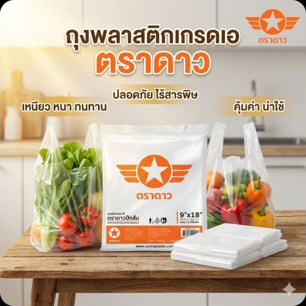 ♻️Sunee ถุงพลาสติก เกรด A ตราดาวปีกส้ม HDPE 1/2 กิโลกรัม.♻️