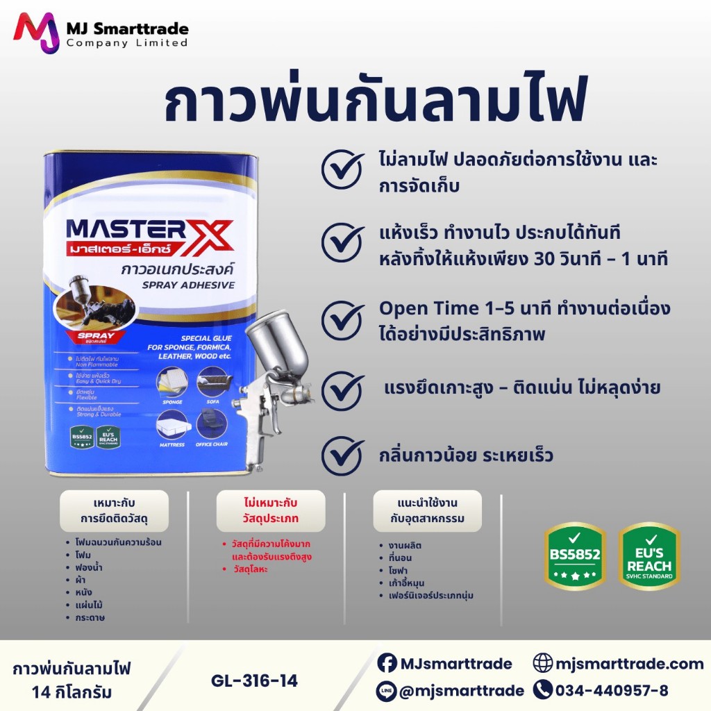 MJ กาวพ่น กันลามไฟ รุ่น GL-316 ขนาด 14 กก. แบบปิ๊บ