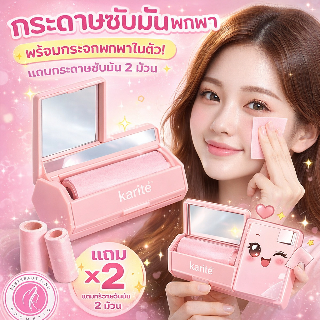 ที่ซับมันพกพา Karité กล่องสีชมพู มี กระจกพกพาในตัว แถมกระดาษซับมัน 2 ม้วน ซับมันทันทีไม่ต้องล้างหน้า
