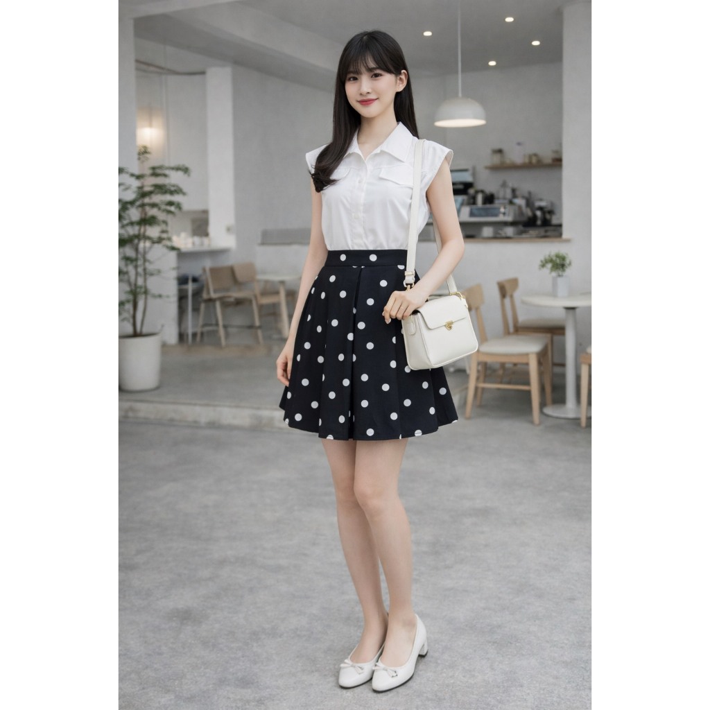 กระโปรงจุดจีบทวิตสั้น - Polka Mini Twist Skirt มีซับใน + ซิปข้าง ทรงน่ารัก ใส่แล้วขาเรียว หน้าเด็ก