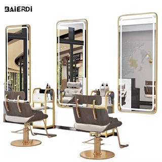 BAIERDI กระจกพิเศษสำหรับร้านเสริมสวยแบบตั้งพื้นพร้อมไฟ LED สำหรับการทำสีและดัดผม ติดผนังได้ เหมาะสำหรับร้านทำผมระดับไฮเอ