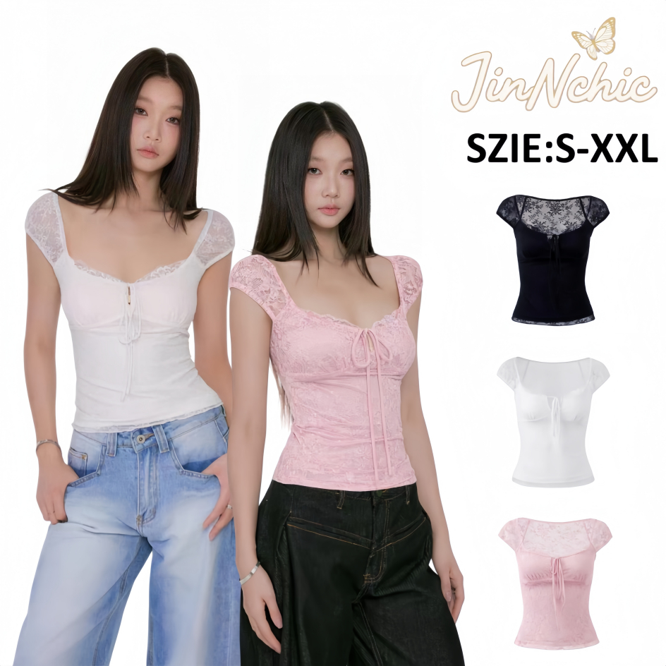 JINNCHIC🛍️เสื้อลูกไม้ผูกโบว์ เซ็กซี่เว้าลาย ทรงเข้ารูป สไตล์ Y2K เหมาะกับใส่ออกเดตหรือถ่ายรูป แฟชั่นผู้หญิง
